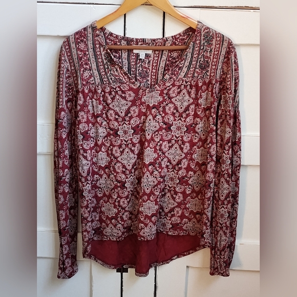 Lucky Brand Women's Burgundy Wine Red Patterned Long Sleeve Top | Medium - Picture 1 of 5